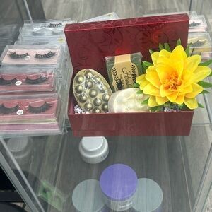 Red Gift Box with Yellow Flower and Beauty Items